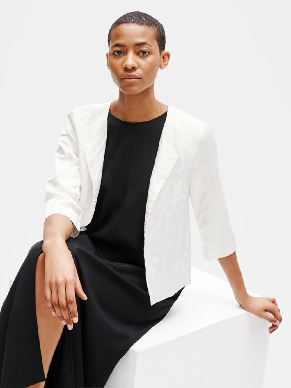 Eileen fisher organic cotton white satin steel short cropped blazer jacket